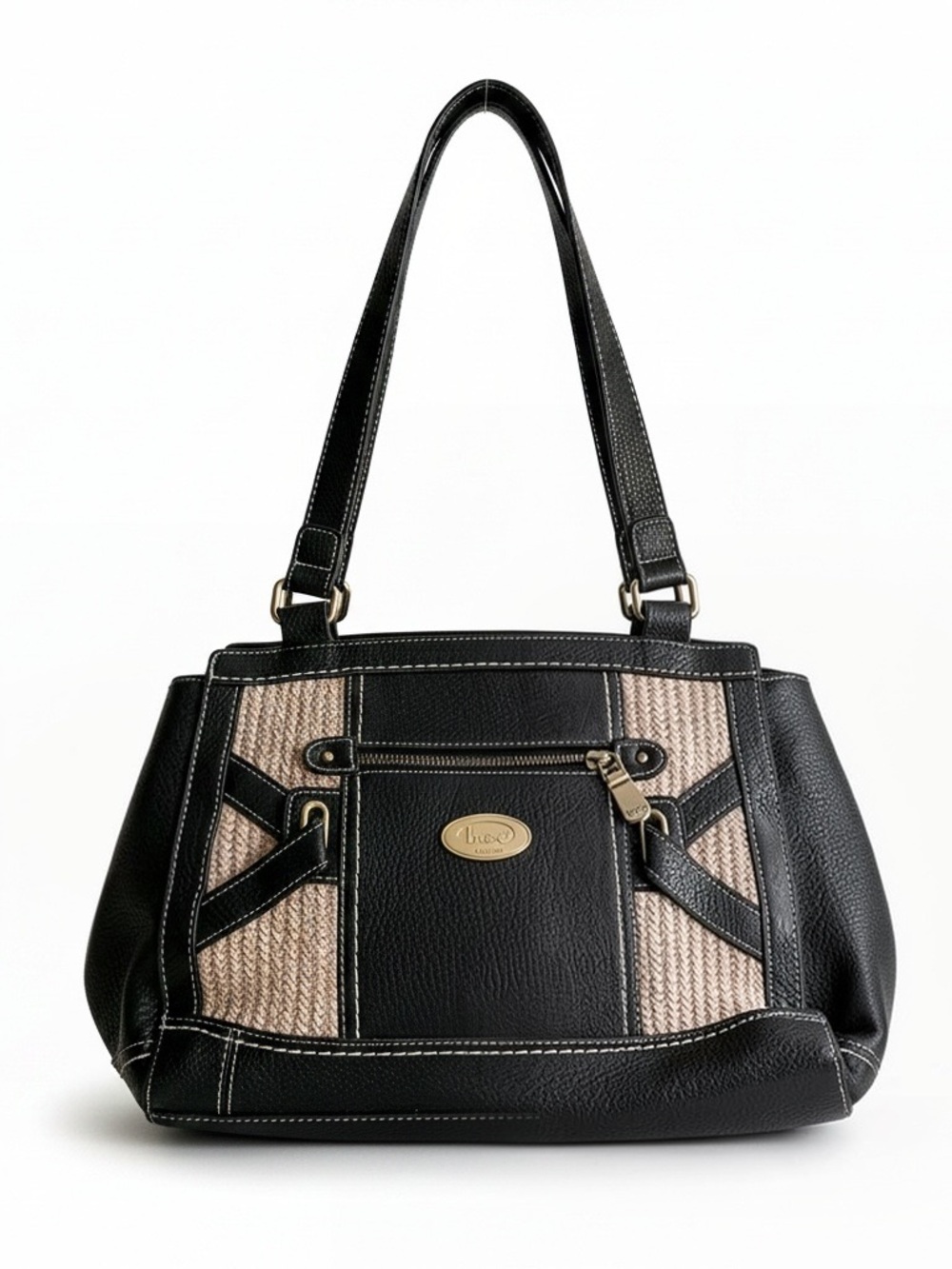 b.o.c. Born Concept Shoulder Bag Black Faux Leather Straw Woven Satchel Purse